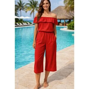 Tommy Bahama Linen Ruffle Jumpsuit Size Small Wide Leg Off Shoulder Pockets Red